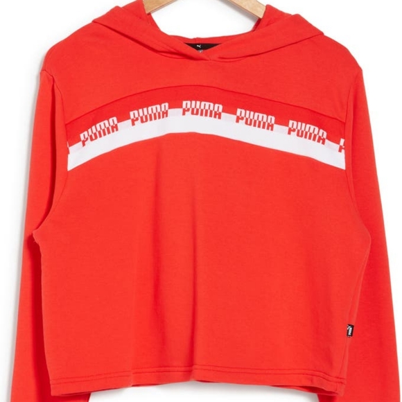 Puma  Cropped Hoodie With Chest Stripe Logo Medium in Poppy Red - Picture 3 of 4